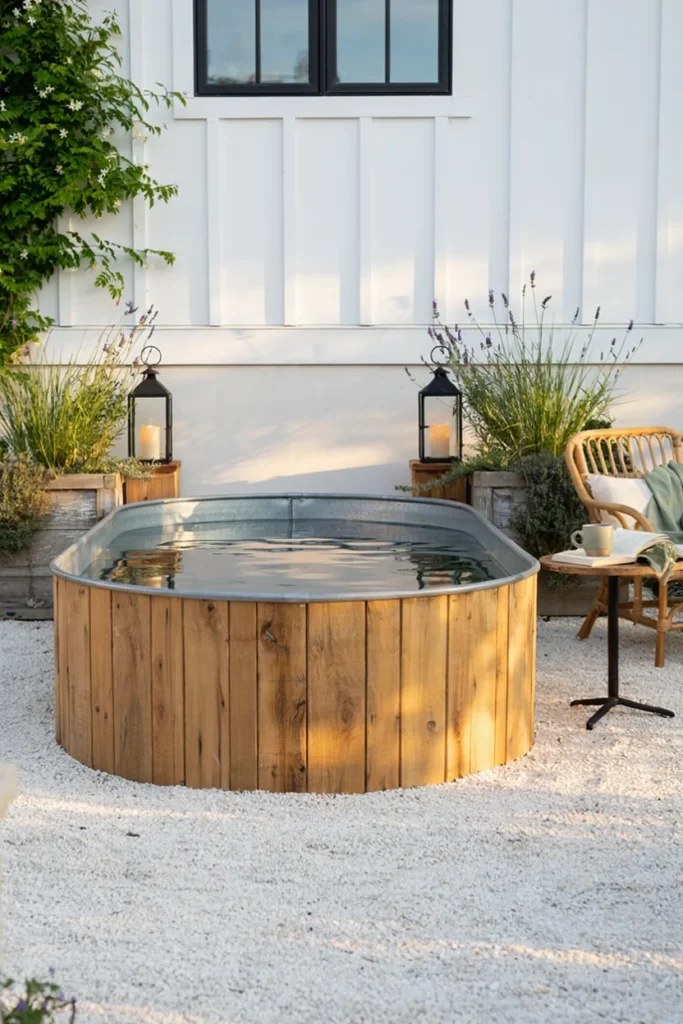Farmhouse-Chic Stock Tank Pool With Cedar Cladding