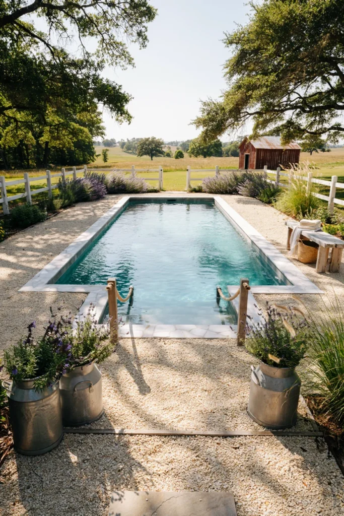 Farmhouse-Style Cowboy Pool With Gravel Surround