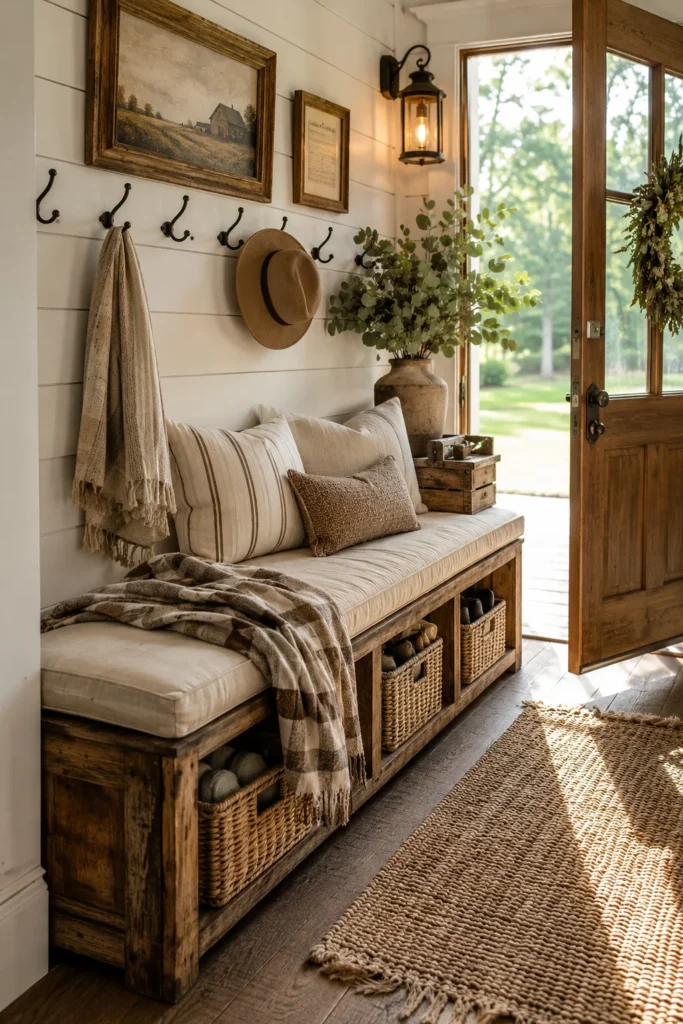 Farmhouse Entryway Bench with Woven Baskets