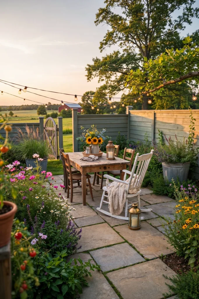 Farmhouse Stone Patio with String Lights