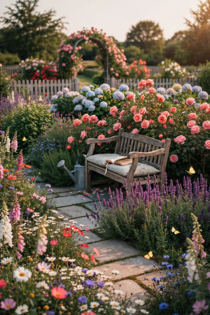 Garden Bench Surrounded by Flowers