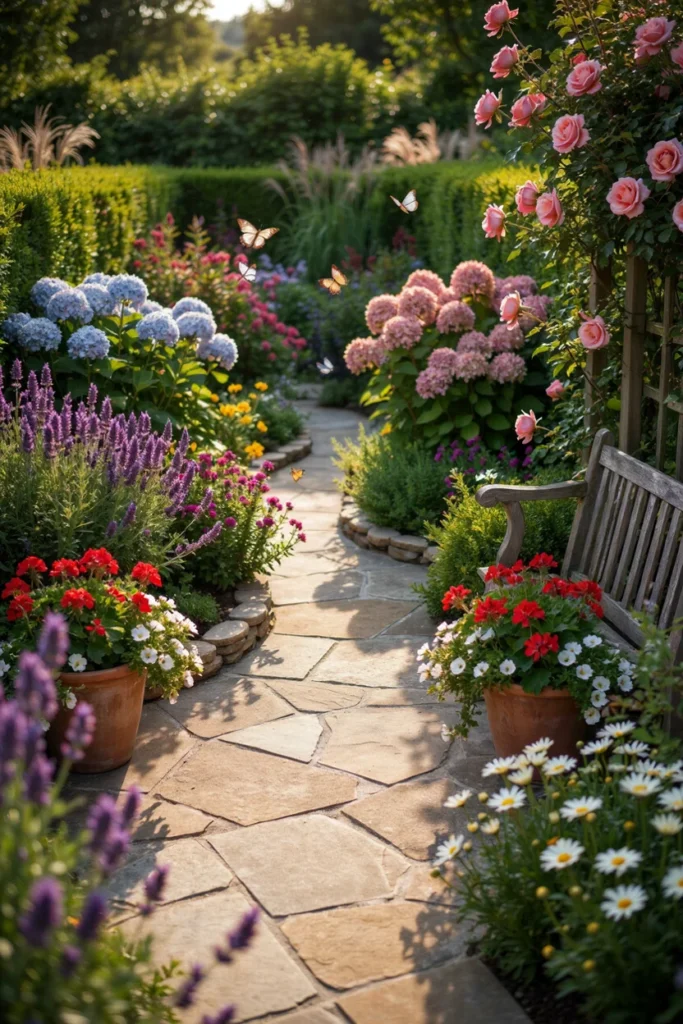 Garden Stone Patio Surrounded by Flowers