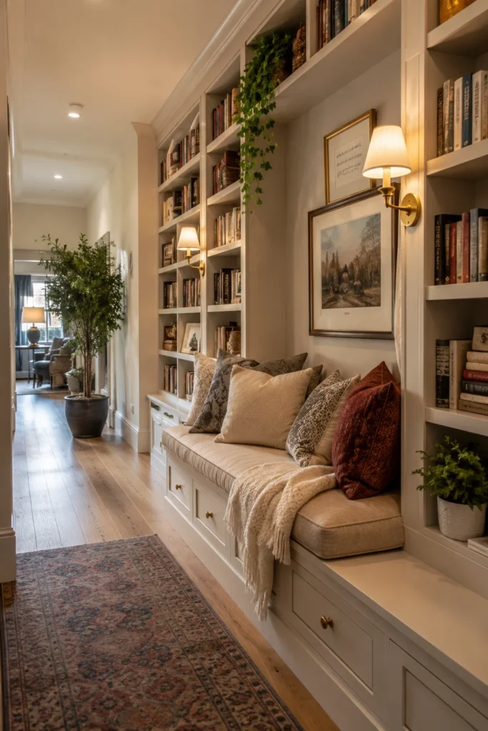 Hallway Bench with Built-In Bookshelves