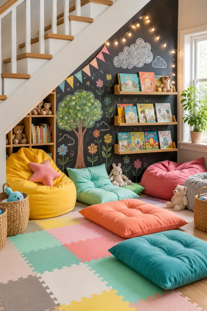 Kid-Friendly Play-and-Read Nook with Cushions and Chalkboard Wall