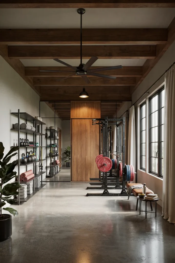 Loft-Style Garage Gym with Exposed Beams