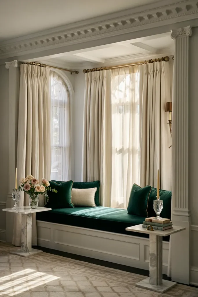 Luxury Window Seat with Velvet Cushions and Elegant Details