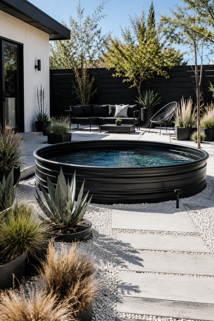 Modern Black Stock Tank Pool With Minimalist Landscaping