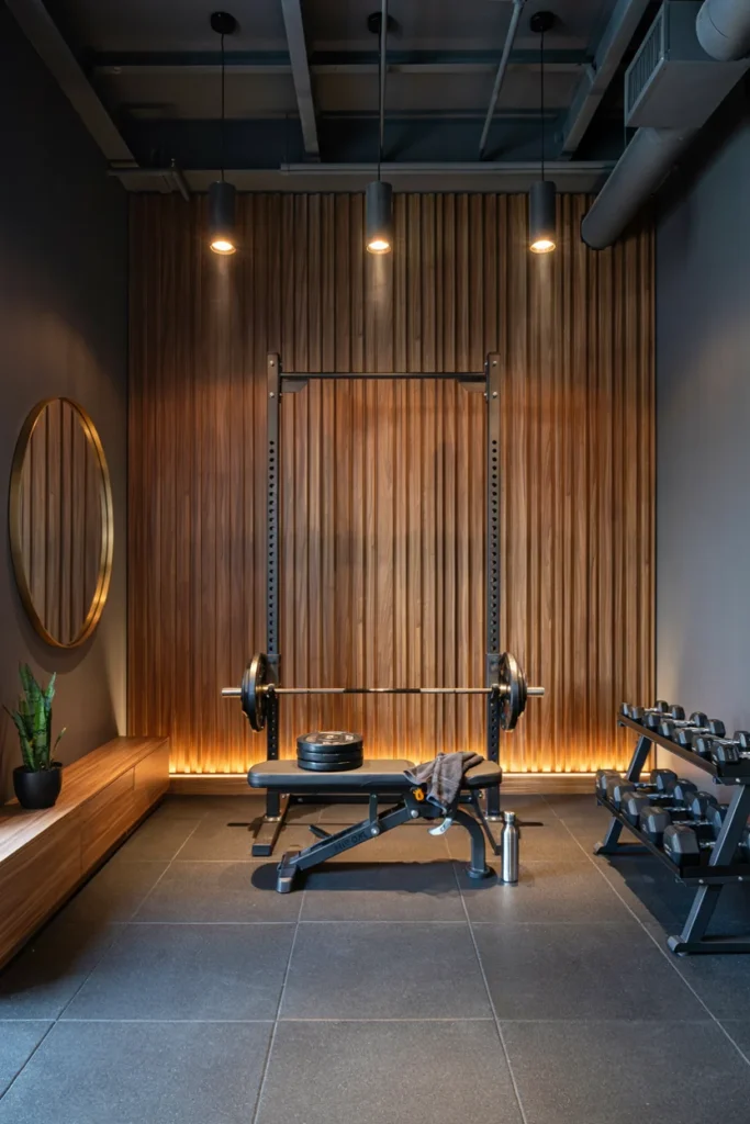 Moody Black-and-Wood Studio with Statement Lighting