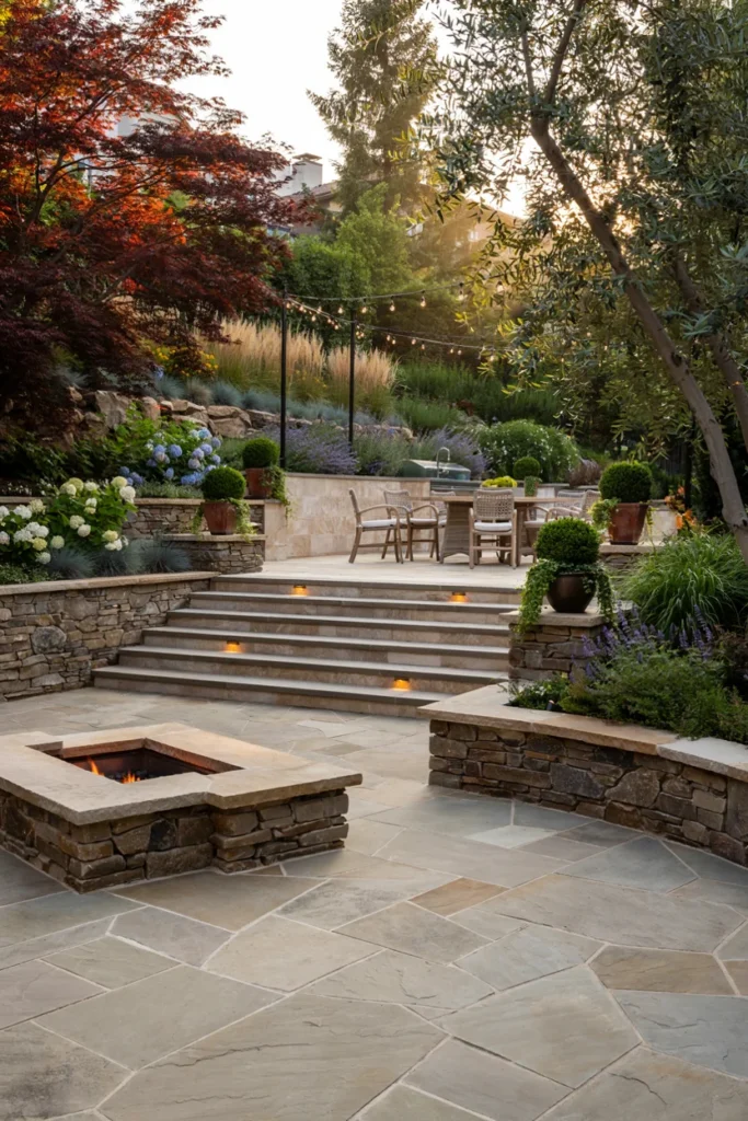 Multi-Level Stone Patio for Sloped Backyards
