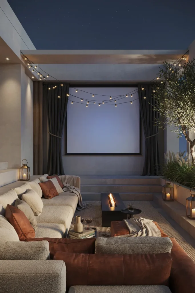 Nighttime Cinema Lounge with Projector and Blackout Curtains