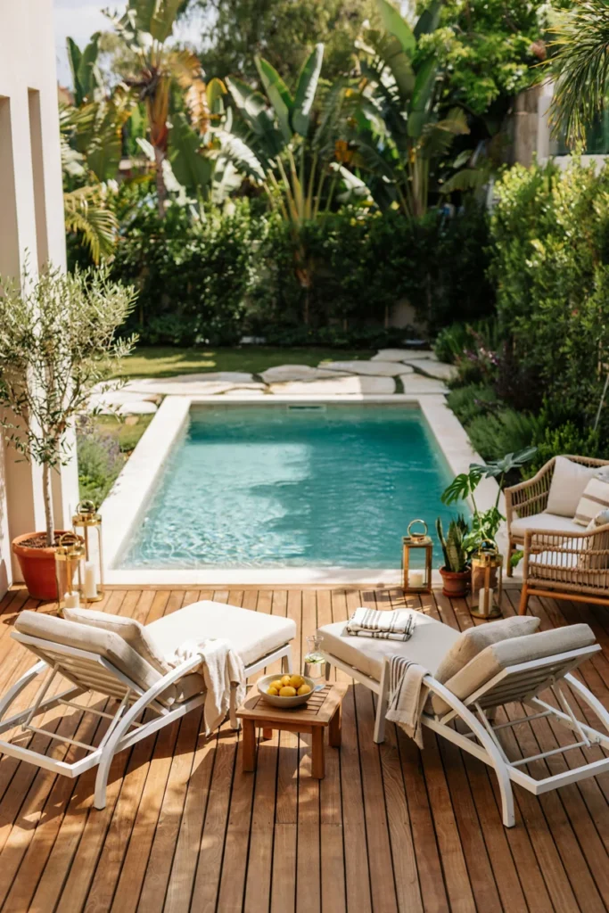 Plunge Pool With a Wooden Deck and Lounge Chairs