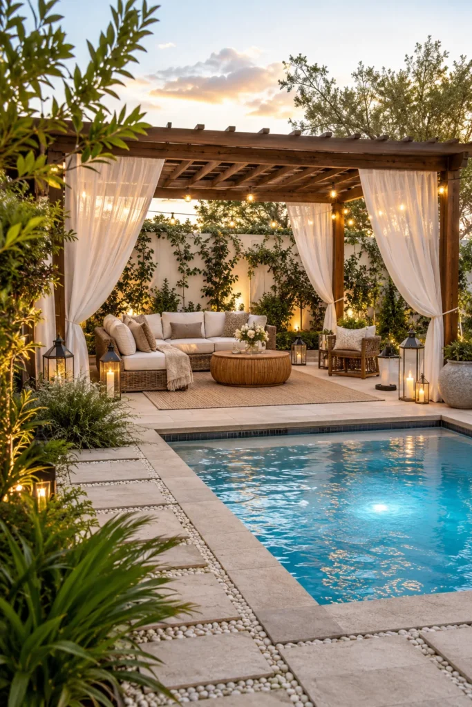 Pool Patio with Outdoor Curtains for Privacy