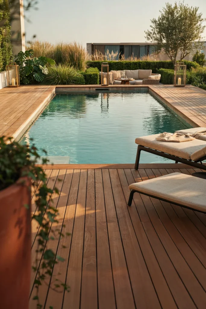 Pool With a Wooden Deck Surround
