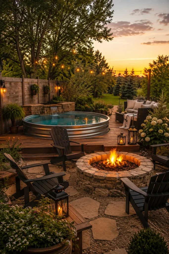 Poolside Fire Pit Paired With a Stock Tank Pool