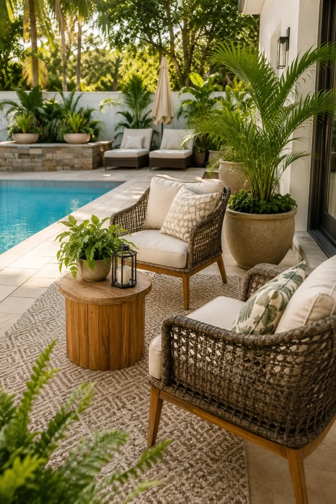 Simple Poolside Lounge Area with Outdoor Rugs