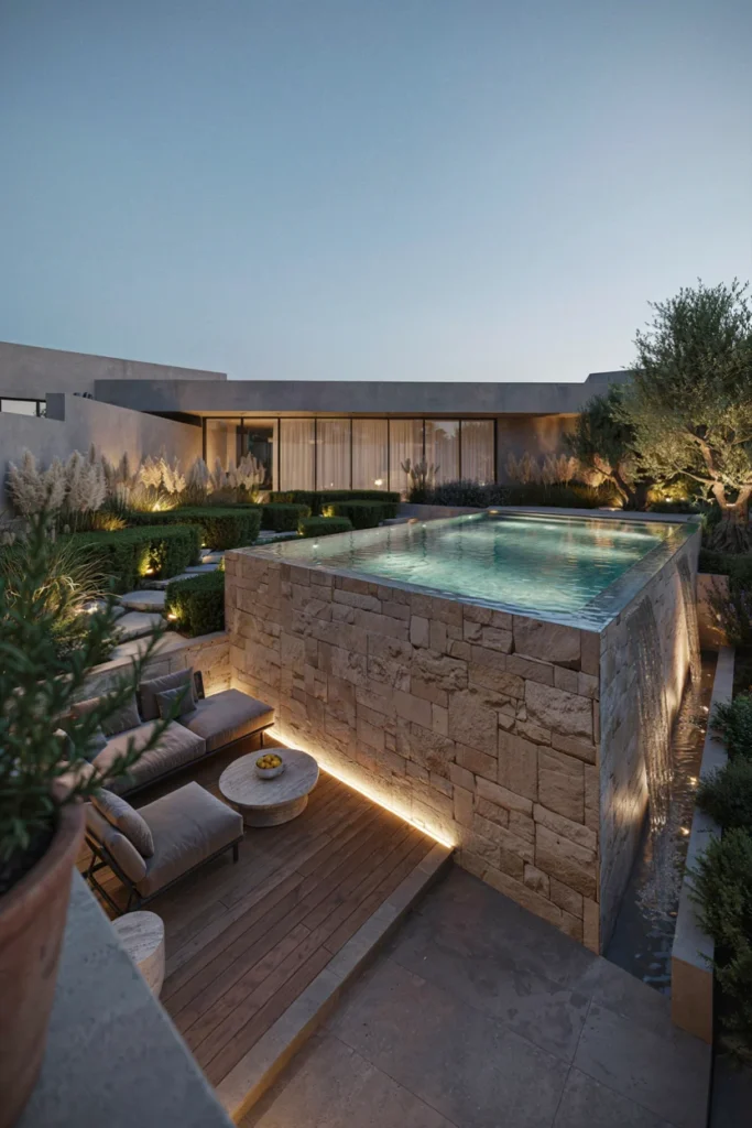 Raised Pool With Stone Cladding