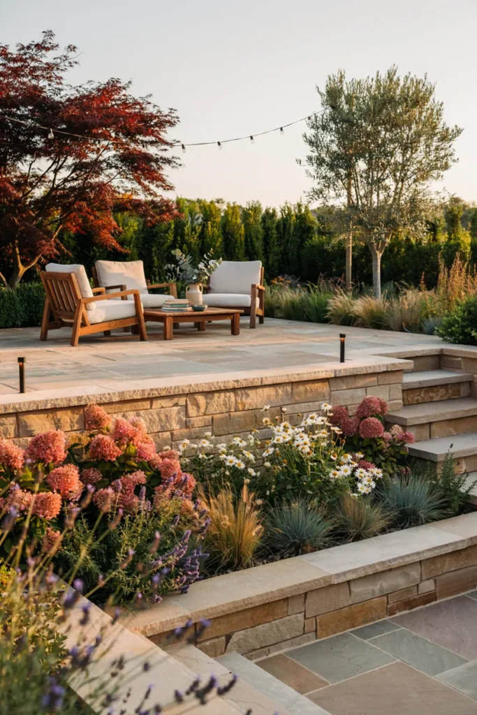 Raised Stone Patio with Retaining Walls