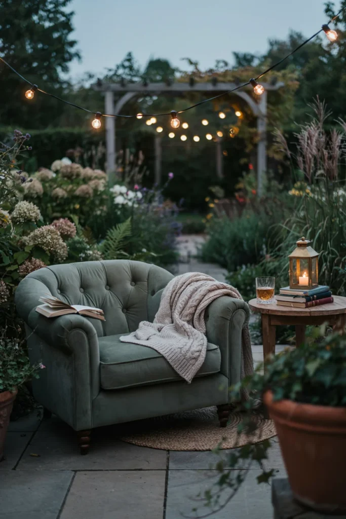 Reading Nook with String Lights and Lanterns