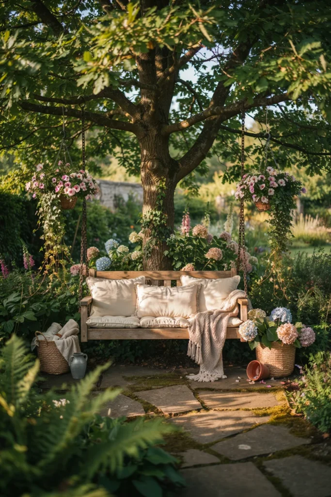 Rustic Wooden Swing Surrounded by Greenery