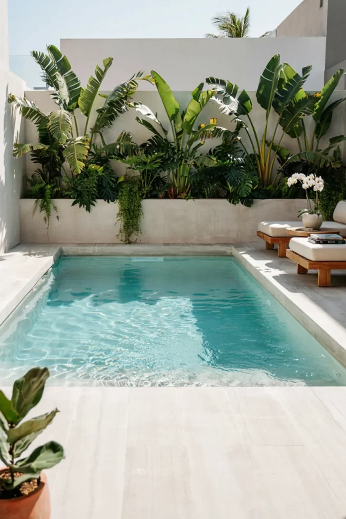 Small Concrete Pool Deck With Built-In Planters