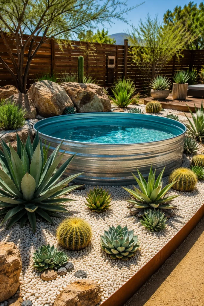 Stock Tank Pool Surrounded by Gravel and Succulents