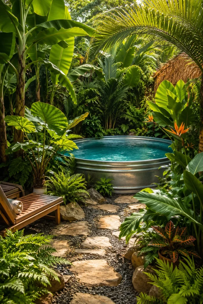 Stock Tank Pool Surrounded by Lush Tropical Plants