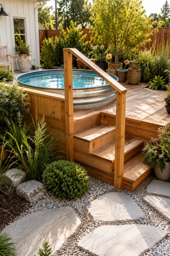 Stock Tank Pool With Built-In Steps and Handrail