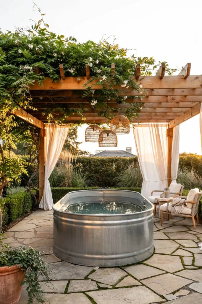 Stock Tank Pool With Pergola and Hanging Lanterns