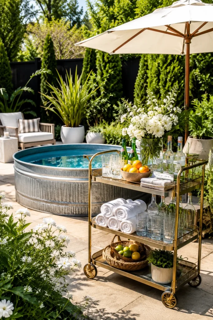 Stock Tank Pool With Poolside Bar Cart Setup