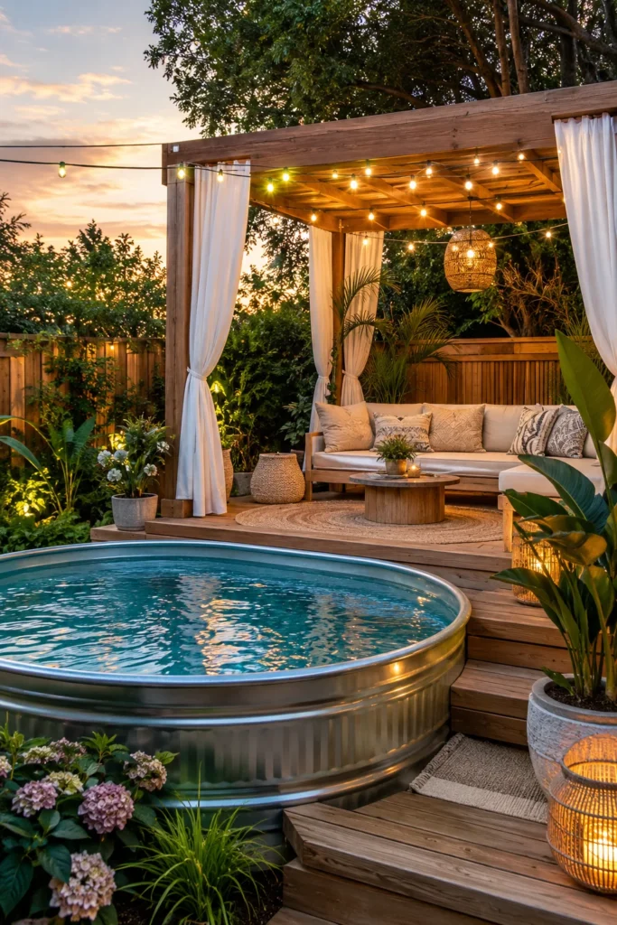 Stock Tank Pool With Poolside Cabana and String Lights