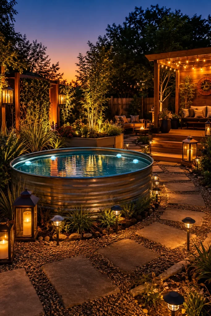 Stock Tank Pool With Solar Lighting for Nighttime Ambiance