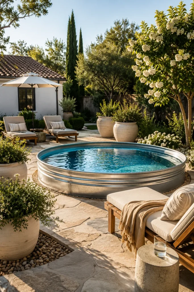 Stock Tank Pool With Stone Paver Surround