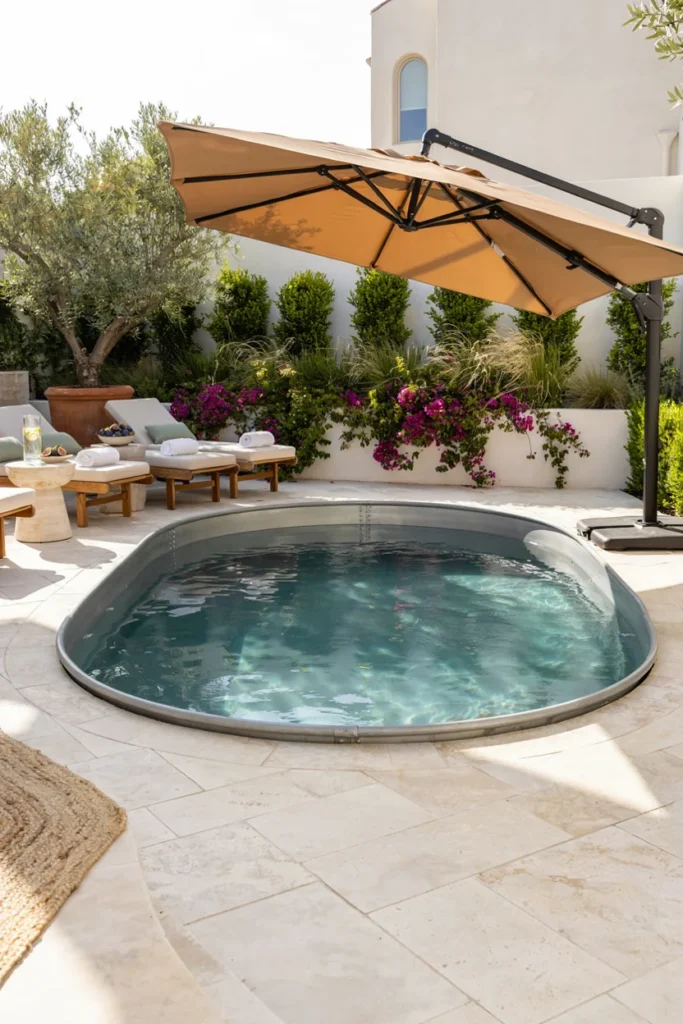 Stock Tank Pool With Umbrella and Lounge Chair Zone