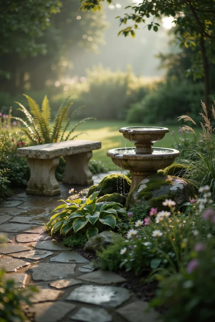 Stone Bench Nook Near a Water Feature