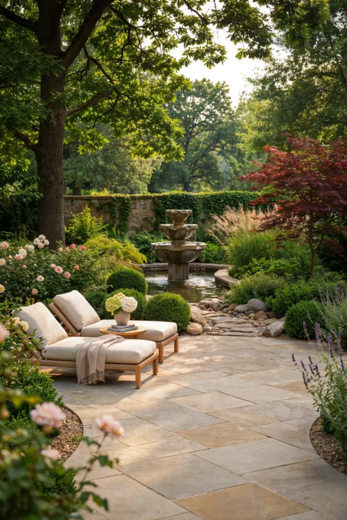 Stone Patio Featuring a Water Fountain