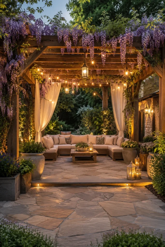 Stone Patio with a Wooden Pergola