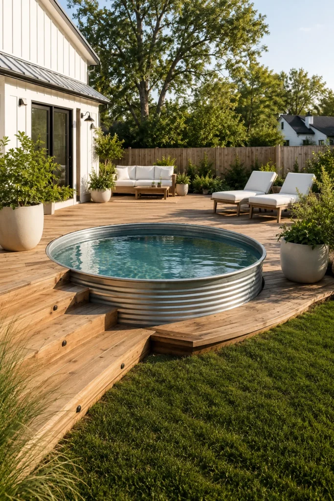 Sunken Stock Tank Pool With Wraparound Deck