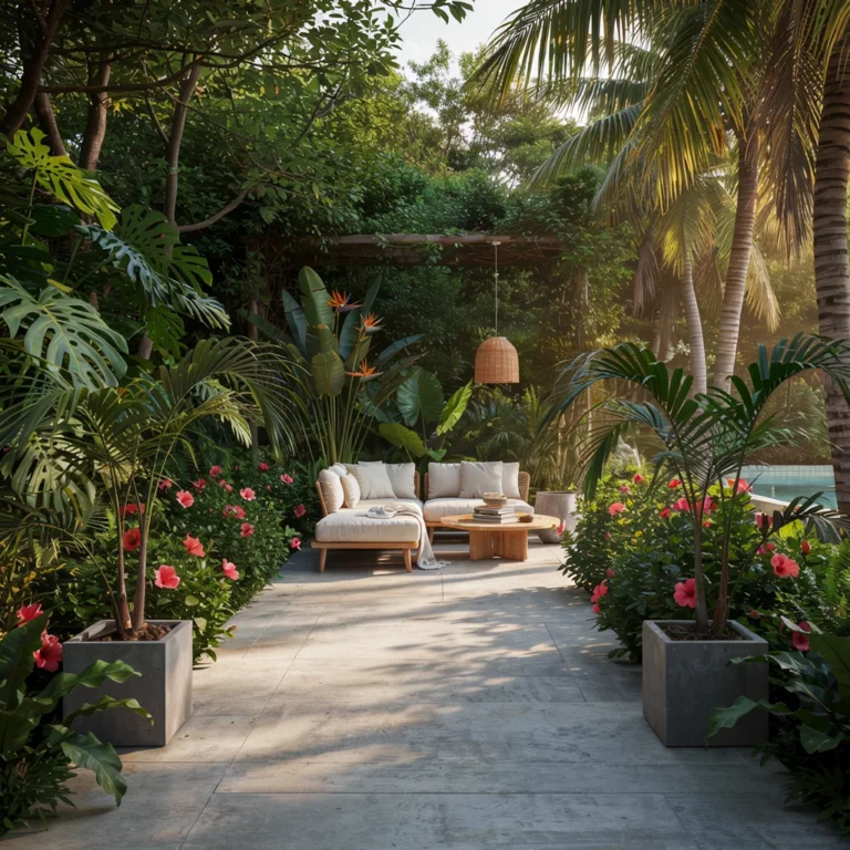 17 Tropical Backyard Concrete Patio Ideas with Lush Plants