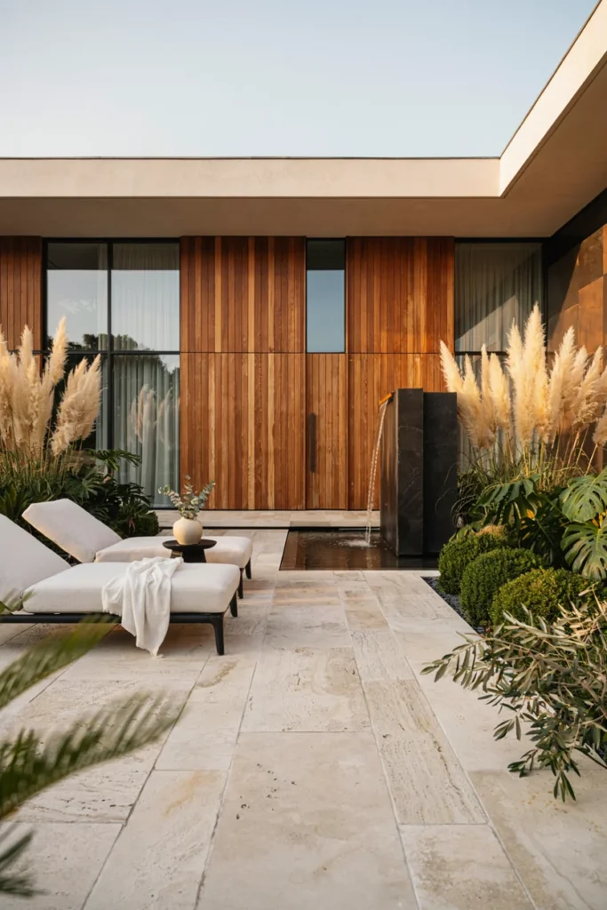 Artful Water Feature and Chaise Lounges