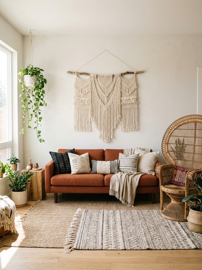 Boho living room with macrame wall hanging and rattan chair