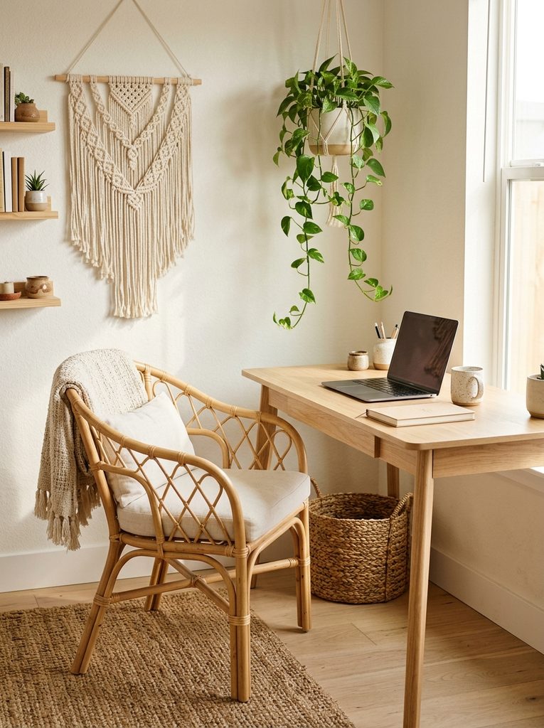 Boho small office with rattan chair and macrame wall hanging