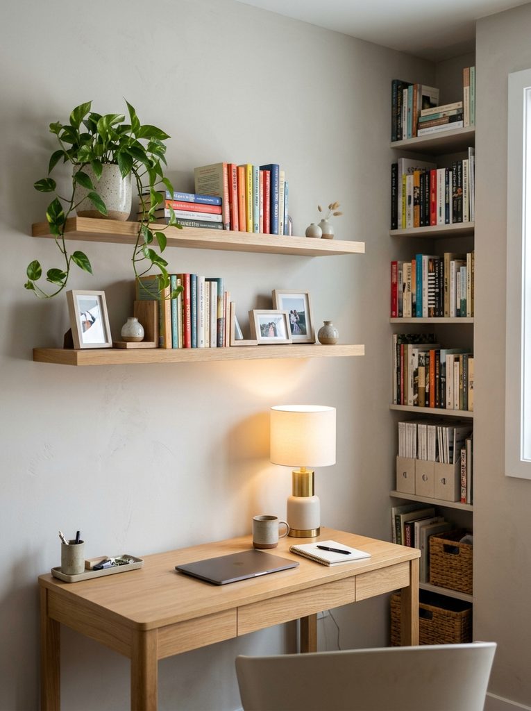 Small office with floating bookshelf ledges above a desk
