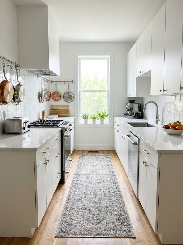 Galley kitchen layout with straight cabinet runs and long runner