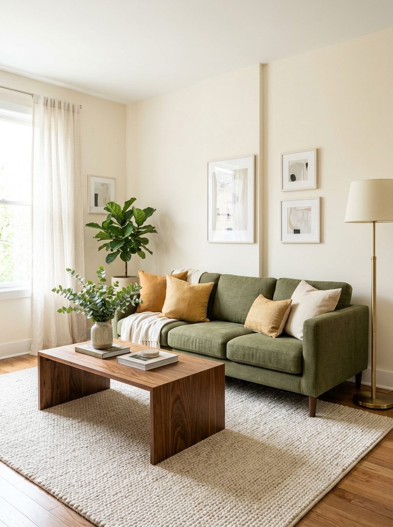 Olive green couch living room with ochre pillows and walnut table