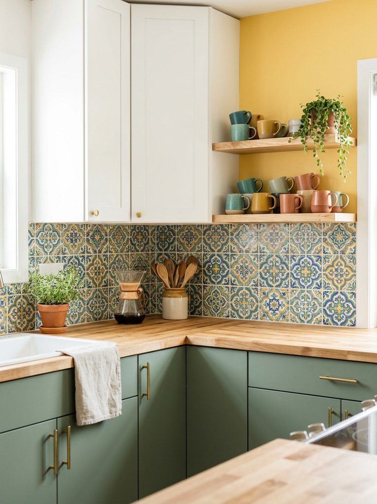 Colorful bright small kitchen with sage cabinets and yellow wall
