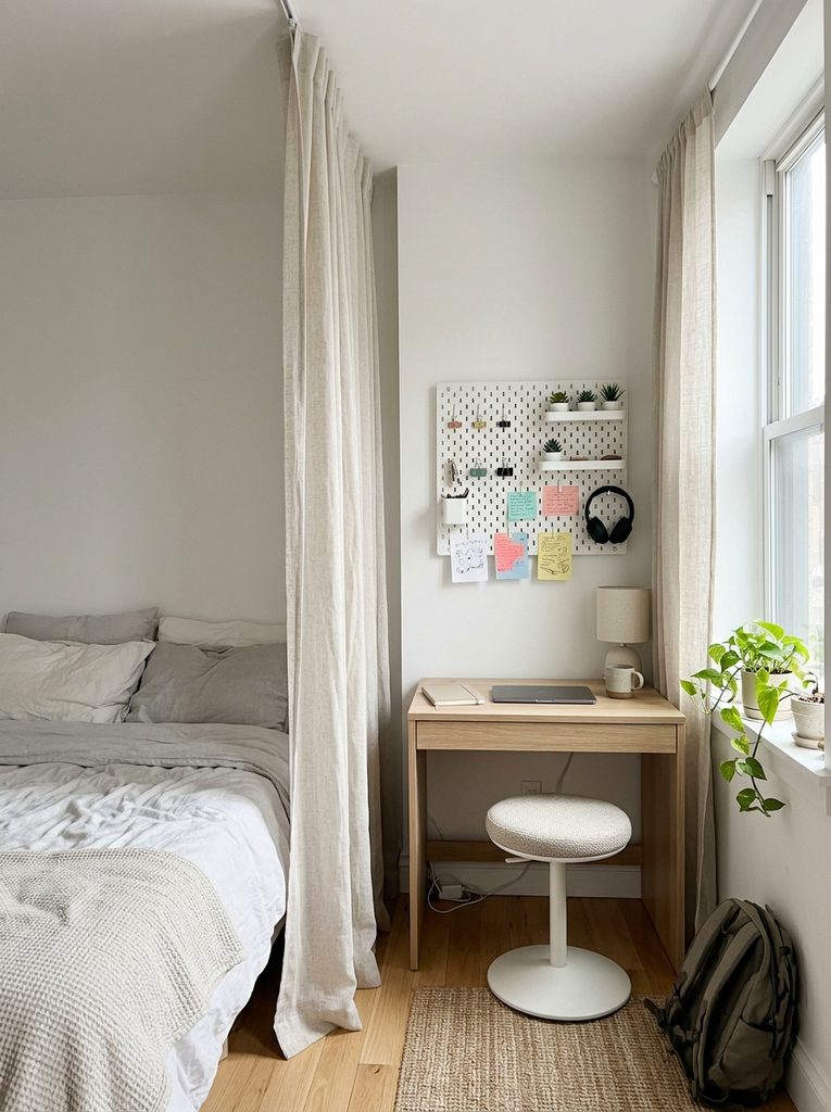 Bedroom office nook with compact desk and swivel stool by window