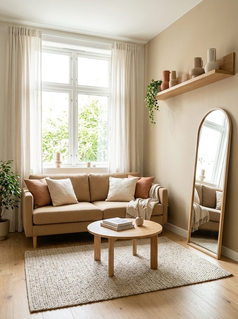Small earthy living room with slim sofa and round oak table