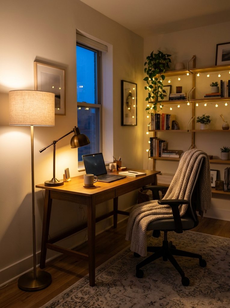 Cosy small office with warm desk lamp and string lights