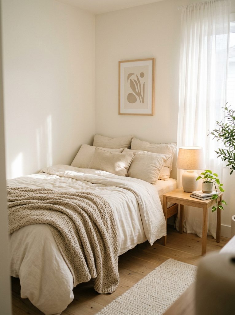Cozy aesthetic small bedroom with linen bedding and warm lamp