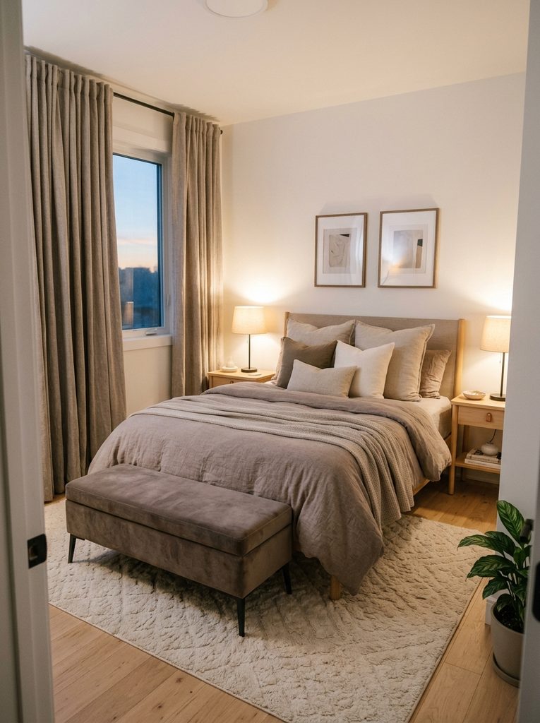 Couples cozy small bedroom with matching nightstands and reading lamps